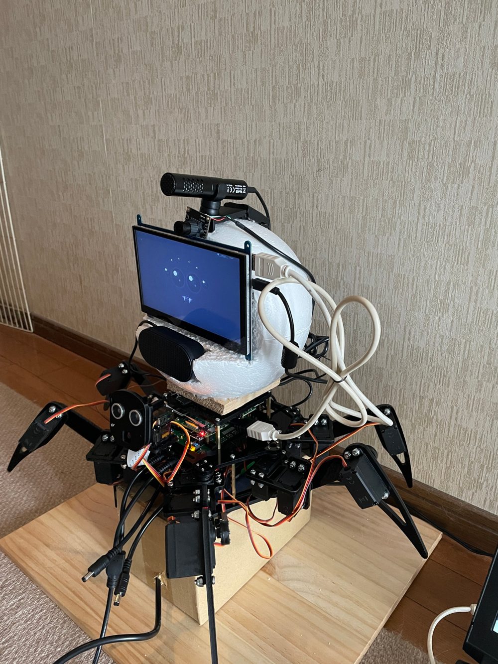 アラクネを斜め横から見たところ。頭の上にマイクとカメラが付いている